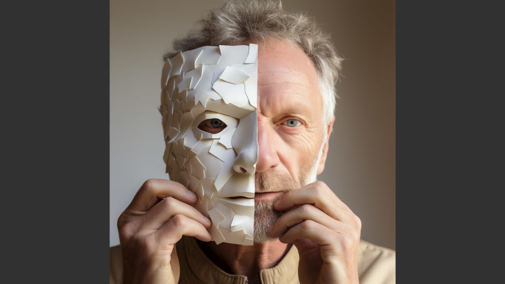 Concept illustrant le masque social que l’on se crée pour cacher sa vraie personnalité.